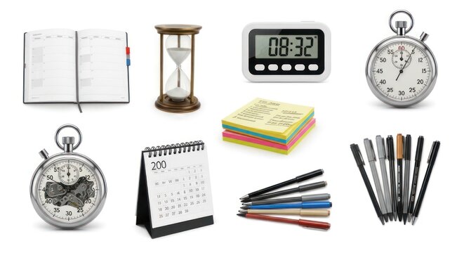 Various stationery items and timekeeping tools arranged on a white background. Includes a notebook, hourglass, digital timer, stopwatch, pens, and a calendar.