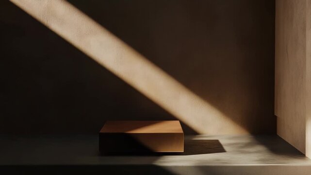 Minimalist interior with a beige wall featuring a natural light shadow, focusing on a rectangular wooden podium for product display, creating a wabi sabi inspired space