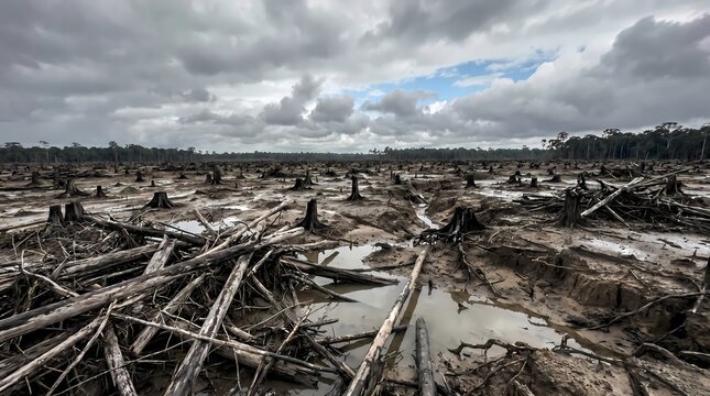 Deforestation Landscape with Tree Stumps Highlighting Environmental Impact
