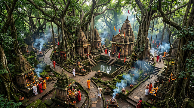 Ancient temple complex nestled in a dense, mystical forest with devotees performing rituals and incense smoke rising.