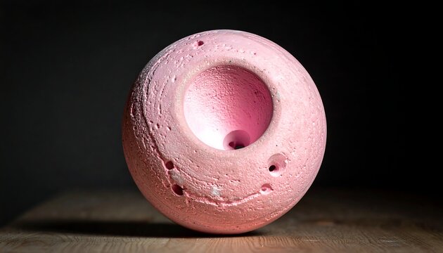 Pink textured sphere with indented face on wood