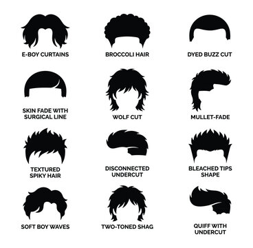 Trendy Modern Men's Hairstyle Silhouette Collection with Different Cuts and Fashionable Styles