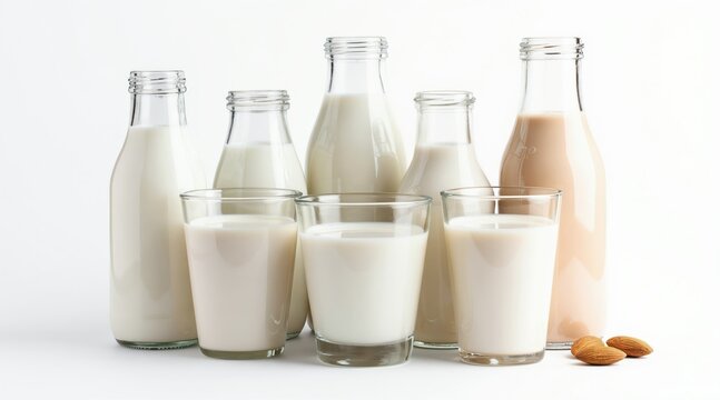 Bottles and glasses hold various white liquids like milk and plant based alternatives. Almonds nearby hint at nut milk. Clear liquids in transparent containers.