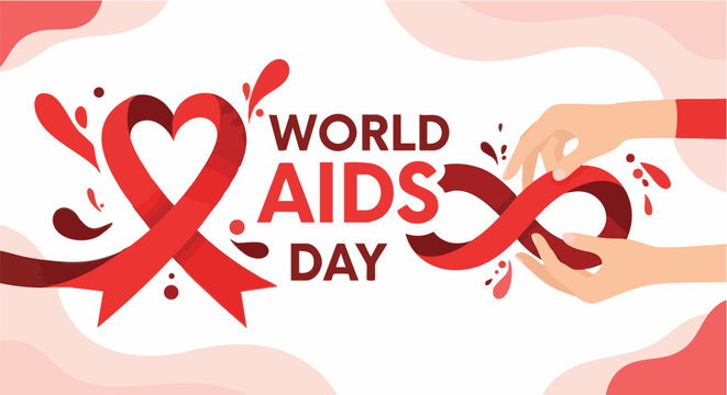 Red ribbon awareness World AIDS Day graphic with hands in supportive gesture for healthcare campaign