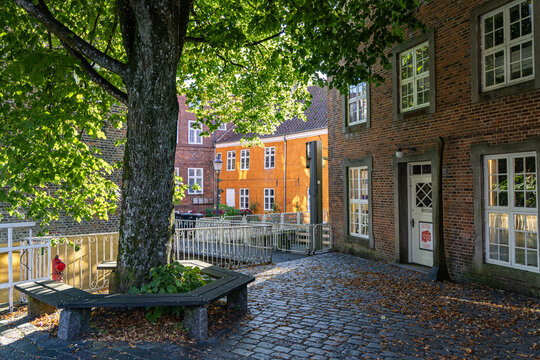 View of a cobblestone courtyard with a large tree and circular bench surrounded by historic brick houses and an orange building under bright sunlight in Ribe, Denmark.
