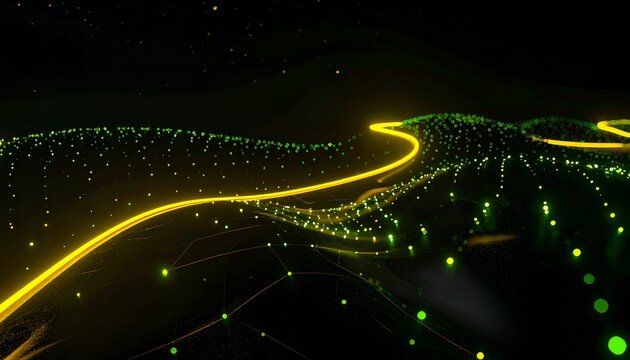 Abstract landscape with glowing lines and dots, green and yellow on black