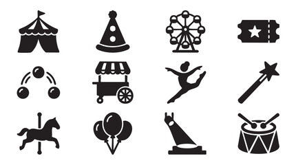 Black carnival icons set, 10 circus symbols, vector graphics, funfair elements © Muhammad
