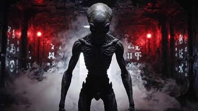 Ominous alien creature standing in a dark futuristic corridor with red lights and fog