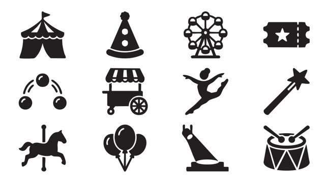Black carnival icons set, 10 circus symbols, vector graphics, funfair elements