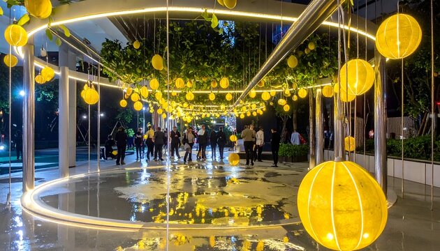 Illuminated orb installation reflects on water as blurred figures stroll through