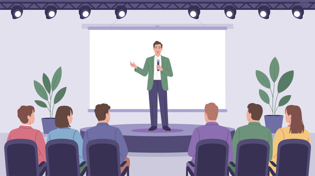 A business speaker addresses a seated audience in a conference room featuring a large projector screen, potted plants, and overhead spotlights against a neutral wall.