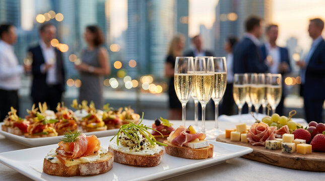 Variety of gourmet appetizers and champagne glasses at corporate rooftop event with bokeh city background