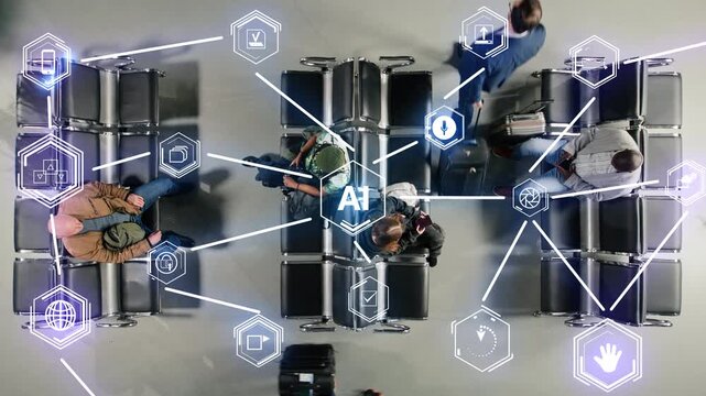 Monitoring passengers, AI deep learning model VFX and diverse group of people in airport. Doing tourists security check, neural network and airline company graphics overlay HUDs