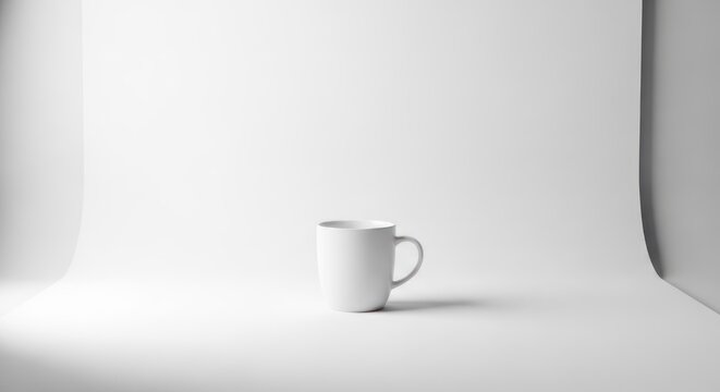 A single white ceramic mug centered in a minimalist white studio setting with soft, even lighting. The scene is devoid of any additional objects or characters, emphasizing simplicity and clean design.