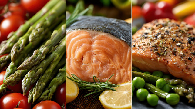 Collage Of Salmon Fish And Green Asparagus