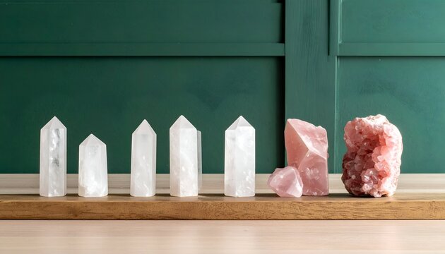 Crystals Selenite points & rose quartz nuggets on wood against a green wall
