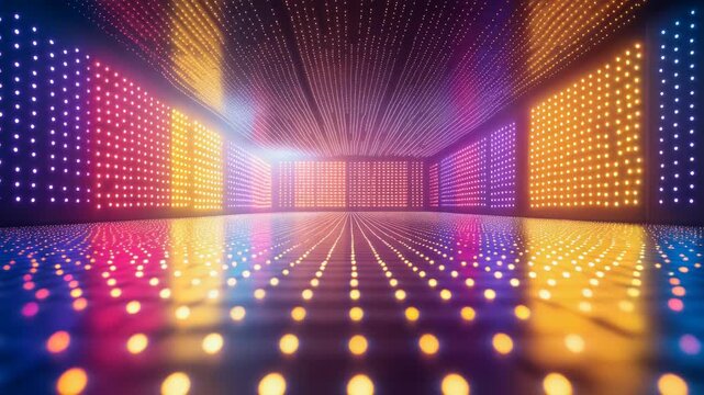 A brightly lit interior space with rows of lights creating a colorful, mirrored effect