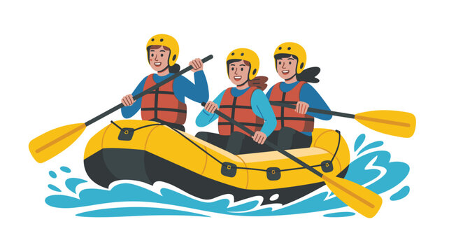 Three diverse individuals in yellow helmets and life jackets paddle together in a bright yellow raft across vibrant blue water in this flat modern graphic illustration.