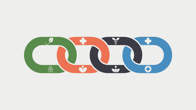 Four interconnected chain links colored in green, orange, charcoal, and blue, each featuring miniature white medical icons inside a clean, minimalist flat design.