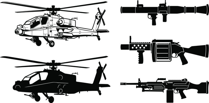 Military equipment vector set featuring attack helicopter silhouettes, rocket launcher, grenade launcher, and machine gun icons isolated on white