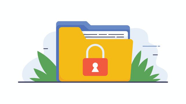 A yellow folder secured with a red padlock is presented with green plants and abstract shapes on a light background.