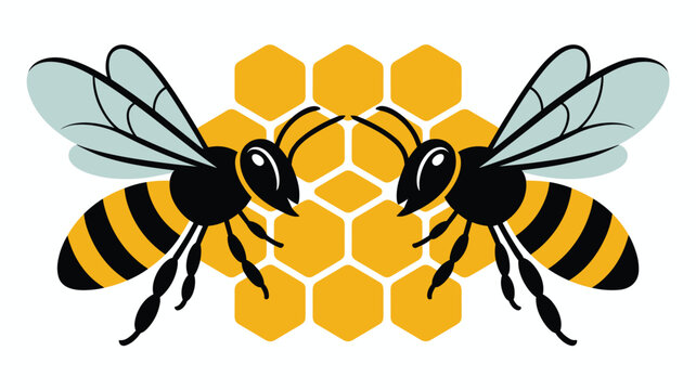 Two stylized honey bees flank a central hexagonal honeycomb pattern against a clean white background in a high-contrast vector design with vibrant yellow and deep black color tones