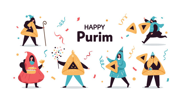 Happy Purim festival celebration featuring people in colorful costumes holding traditional hamantaschen cookies and wine.