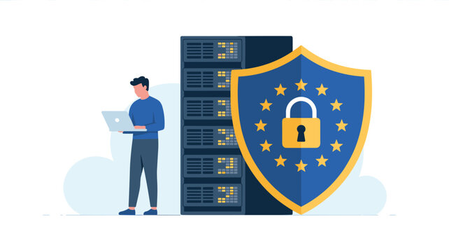 A technician works on a laptop next to a secure server cabinet protected by a digital shield featuring stars in a clean minimalist digital security graphic design.
