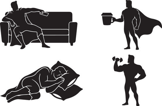 Funny Superhero Life Bundle, Lazy Hero, Coffee Hero, Sleeping Hero, Gym Hero Collection