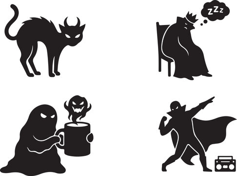 Funny Villain Humor Bundle, Evil Cat, Tired Villain, Coffee Monster, Dancing Bad Guy Collection.