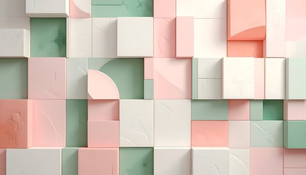 Abstract geometric composition of cubes, circles, pastel colors, and textures