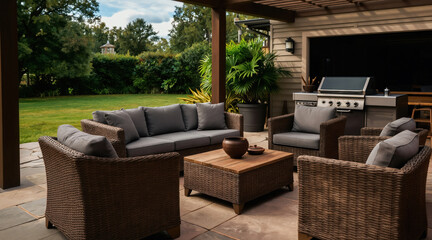 Fototapeta premium Patio set with wicker chairs and sofa arranged around coffee table near grill. Outdoor living space with green lawn and trees. Covered seating area perfect for relaxation.