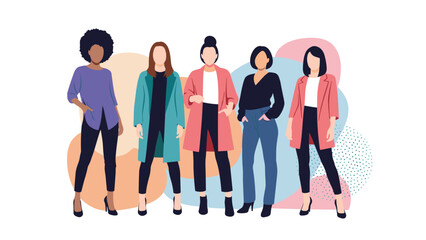 Obraz premium Stylish group of five diverse women wearing modern casual and professional outfits against abstract colorful shapes.