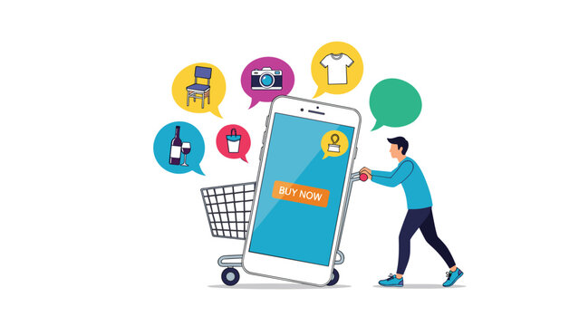 Online shopping concept featuring a man pushing a giant mobile phone like a shopping cart with various product icons.