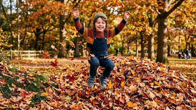Energetic young boy jumping playfully in a large pile of autumn leaves