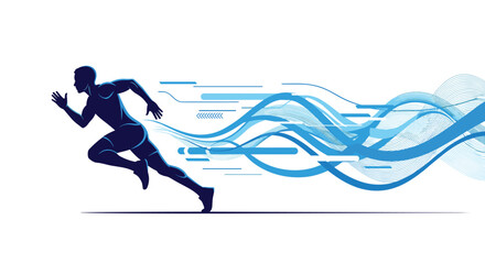 Obraz premium Dark blue silhouette of a muscular athlete running fast with abstract light waves trailing behind him to represent speed and power.
