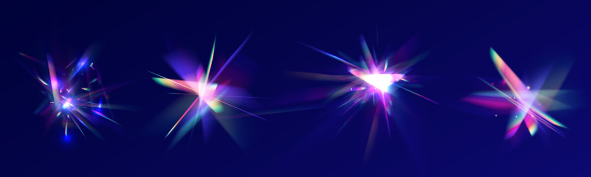 Neon prism holographic overlays shine. Rainbow crystal lights reflect across dark glossy surfaces. Transparent flares glow.