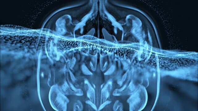 Abstract brain scan blue wave digital mesh glowing particle neural network futuristic data stream science background dark texture abstract blue digital wave glowing particle surface futuristic