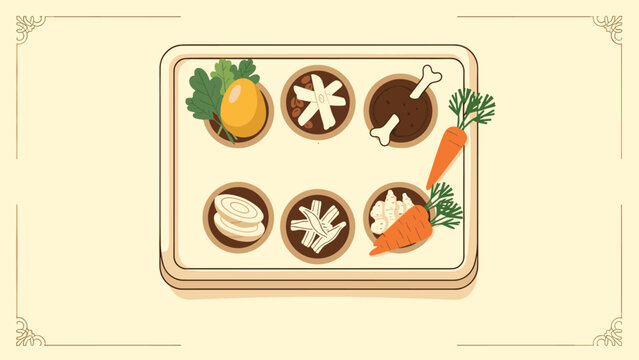Passover Seder plate elements featuring traditional symbolic foods like egg bone herbs and vegetables on a wooden tray.