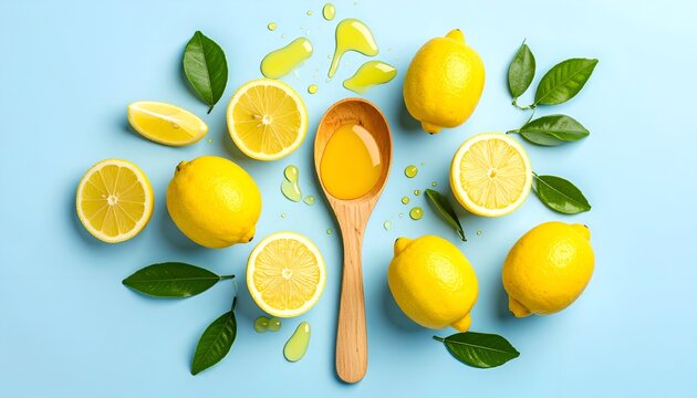 Fresh lemons, leaves, and juice in a wooden spoon on light blue background