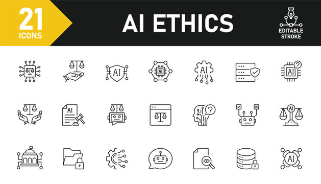AI ethics line icon set. Set of 21 outline icons related to ai safety, data privacy, bias control, artificial intelligence, fairness and others. Editable stroke. Vector illustration.