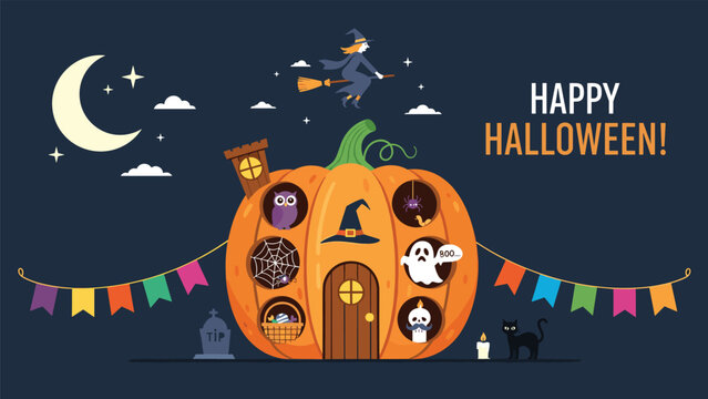 Whimsical Halloween illustration showing a large pumpkin house inhabited by spooky creatures with a witch flying on a broomstick above.