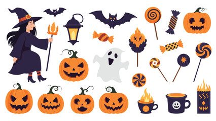 Obraz premium Comprehensive collection of Halloween-themed icons including a witch, pumpkins, bats, ghosts, candles, and various candies.