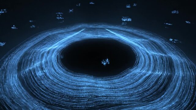 Black hole blue swirl dark space cosmic vortex glowing ring particle field abstract astronomy deep space circular motion mysterious center digital wave blue light abstract background glowing line
