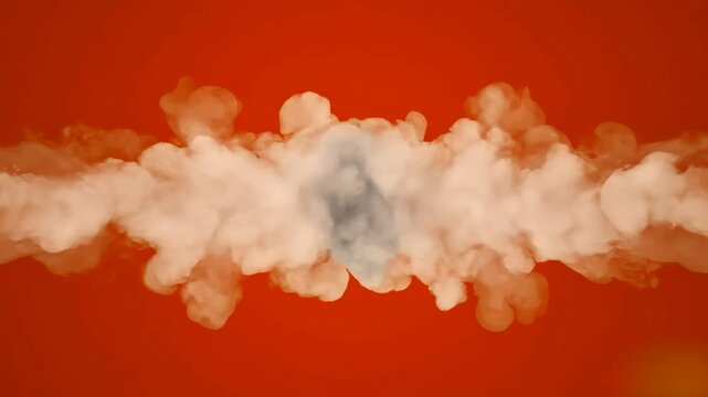 A dense, billowing horizontal cloud of white smoke and dust fragments expands against a solid red backdrop. This striking visual effects element is perfect for bold motion graphics, transition cuts, o