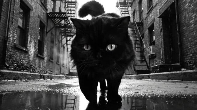 Black cat walking towards camera in a moody alleyway with wet pavement and brick buildings in black and white