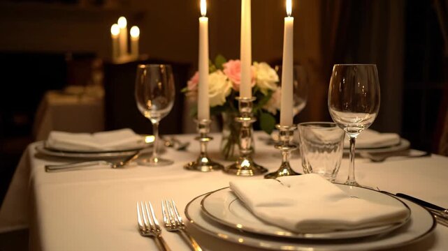 Elegant candlelit table setting with fine glassware