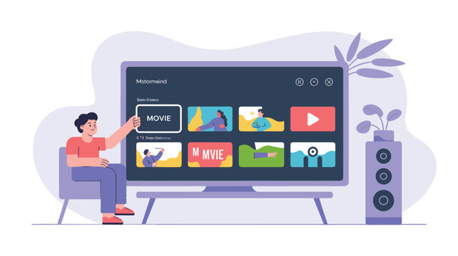 A cartoon man in a red shirt points at a digital television screen interface featuring a movie selection menu within a minimalist living room setting with purple tones.
