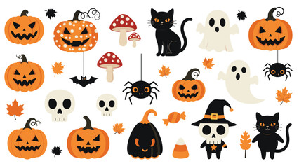 Fototapeta premium Vibrant Halloween vector collection featuring spooky jack-o-lanterns, black cats, friendly ghosts, skulls, spiders, and autumn leaves.