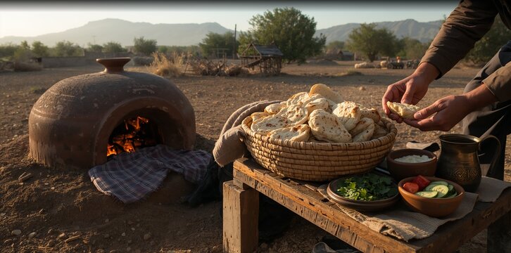 Fresh baked flatbreads in clay tandoor with yogurt green chutney and cucumber tomato on low wooden table